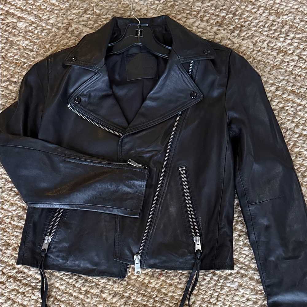 AllSaints dalby Black Leather Biker Jacket with Silver Zippers
